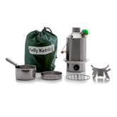 Kelly Kettle Scout 41oz stainless steel boils water quickly using sticks for outdoor cooking.