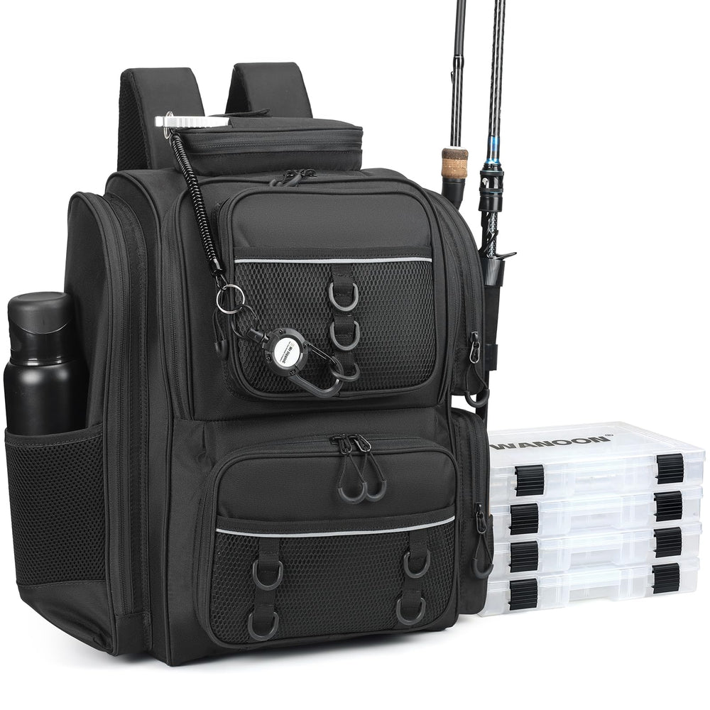 Kelokeli fishing backpack with rod holder for secure gear on the water.