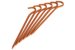 Kelty Nobendium II stake 7-inch aluminum hex stake securing a tent in windy conditions.