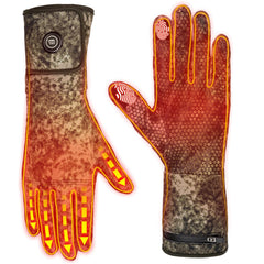 KEMIMOTO heated camo gloves outer view showing slim warmth and flexible fit