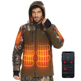 KEMIMOTO heated hunting jacket front view showing multi-zone heat for all-day warmth