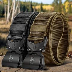 KEMISANT Men Tactical Belt adjustment tail grip demonstrates easy pull-to-fit customization.