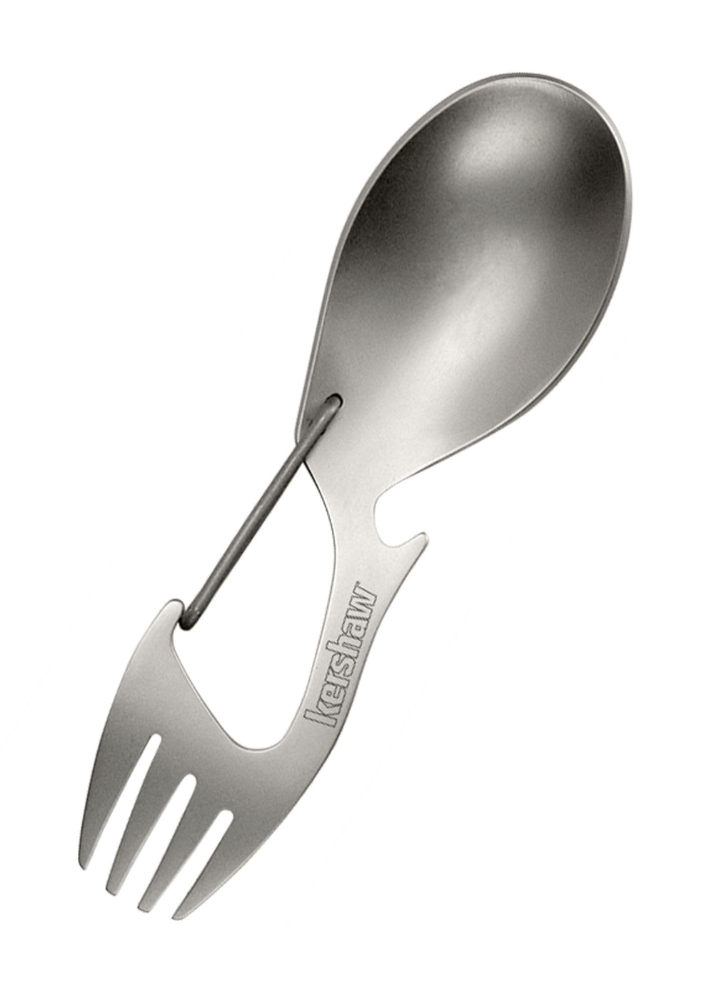 Kershaw Ration Utensil Tool: spoon and fork with carabiner for camping meals.