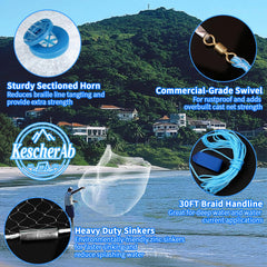 KescherAb cast net with 49ft hand line for extended throw control
