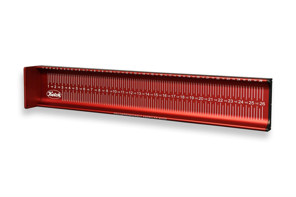 KETCH X Fish Measuring Board red front view with high-contrast engravings for precise measurements.