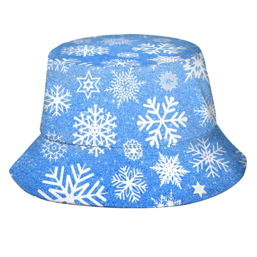 Kicoyuaz Christmas snowflakes bucket hat, front view, lightweight sun protection for outdoor wear