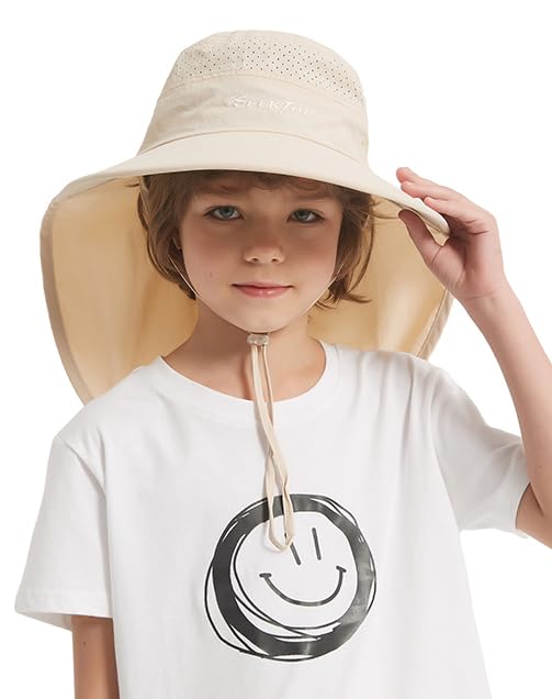Beige kids sun hat with wide brim and detachable neck flap