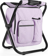 Kikerike backpack stool assembled in pale amethyst provides portable seating for camping and hiking.