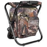 Kikerike backpack stool folded compactly for easy portability on trips.
