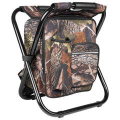 Kikerike backpack stool folded compactly for easy portability on trips.