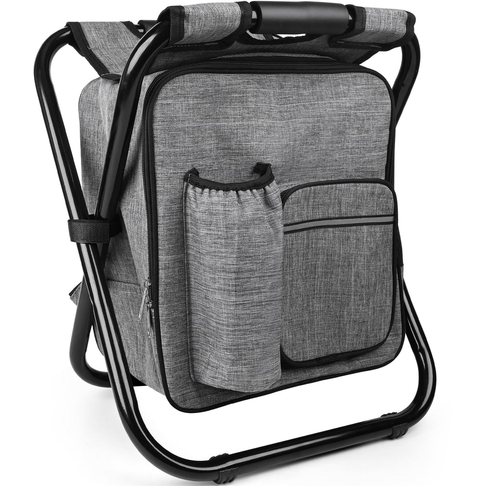 Kikerike backpack stool gray in setup mode for outdoor camping seating.
