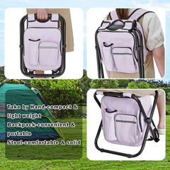 Kikerike backpack stool seat detail highlights comfortable, durable seating on rugged terrain.