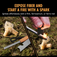 Kiknek FireFlame Plugs being lit with a spark for camping fires.