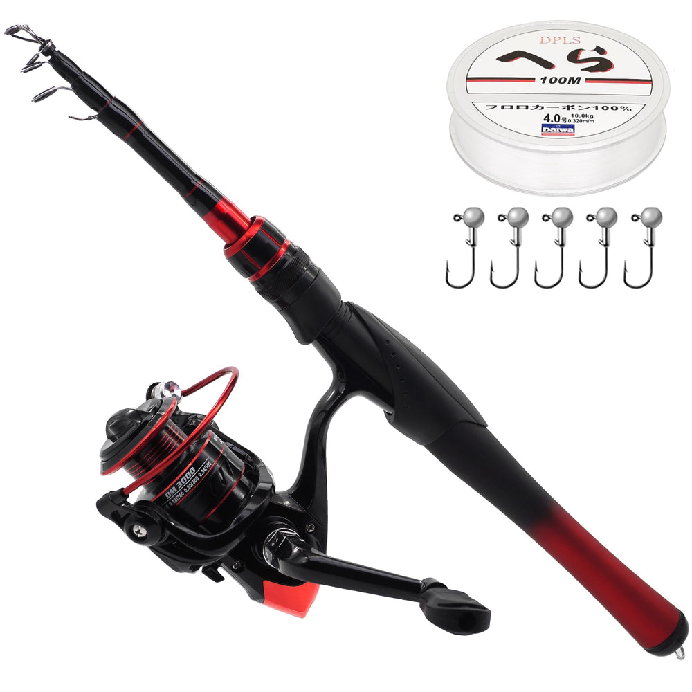 Kilitn 5ft telescopic fiberglass fishing rod with spinning reel attached