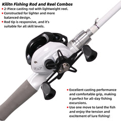 Kilitn 6ft white baitcasting rod and reel combo angled view