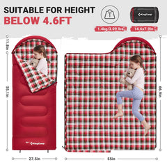 KingCamp 45°F kids sleeping bag with soft flannel lining for quiet comfort.