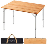 KingCamp adjustable height table with bamboo top for outdoor dining.