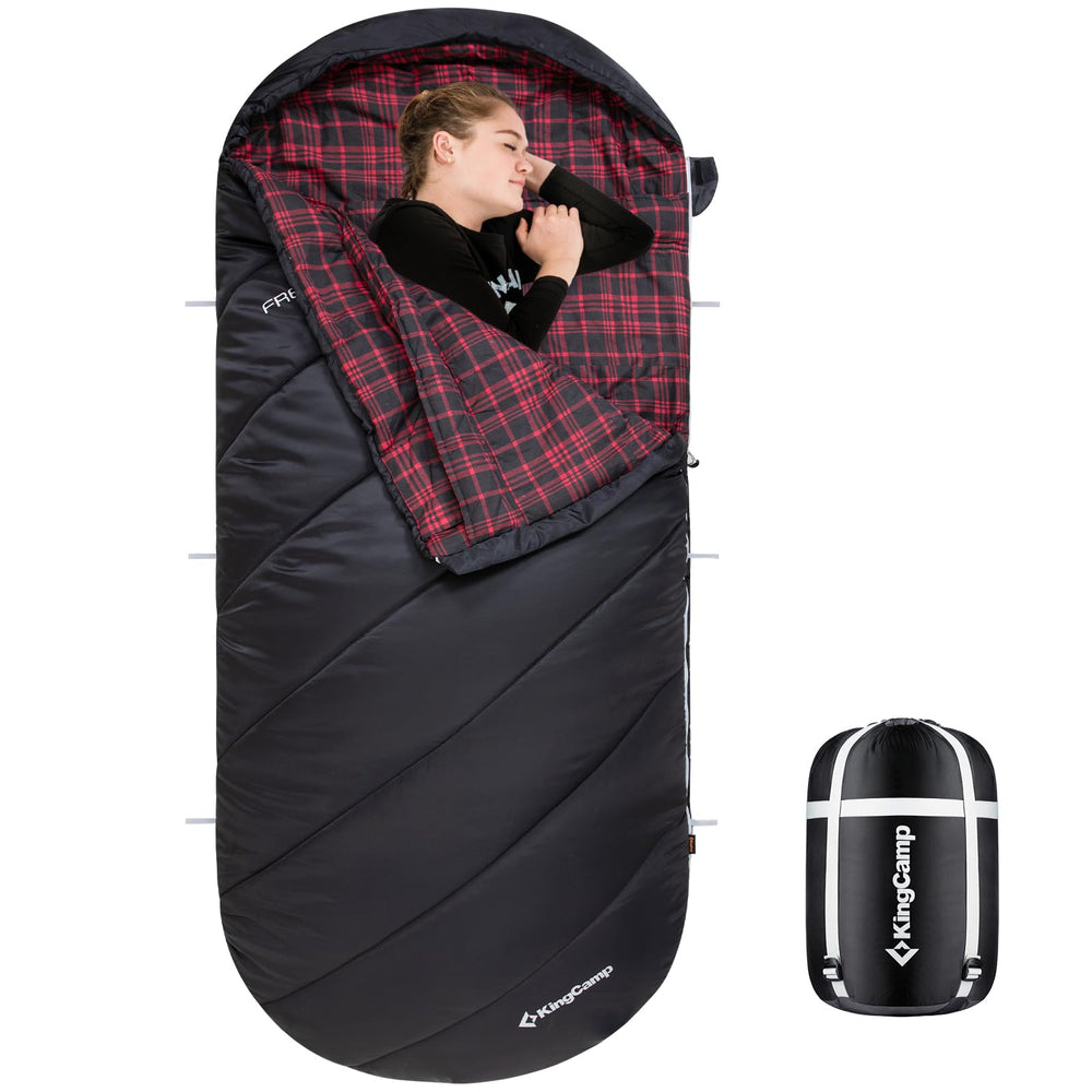 KingCamp XL hooded sleeping bag outdoors shows roomy comfort for all-night sleep.