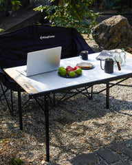 KingCamp folding aluminum table side view emphasizes quick setup and portability.