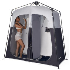 KingCamp instant shower tent in use showing quick setup for outdoor privacy.