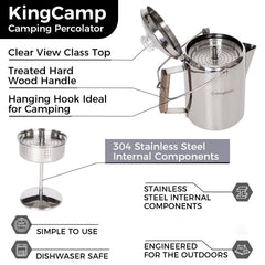KingCamp percolator coffee pot showing 12-cup capacity for group brewing