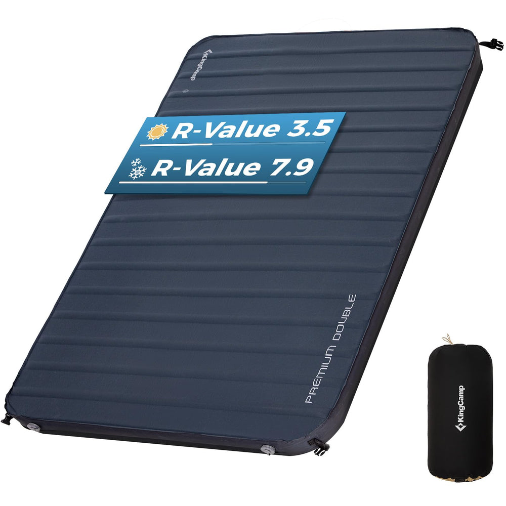 KingCamp self-inflating sleeping pad front view, spacious two-person setup for camping.