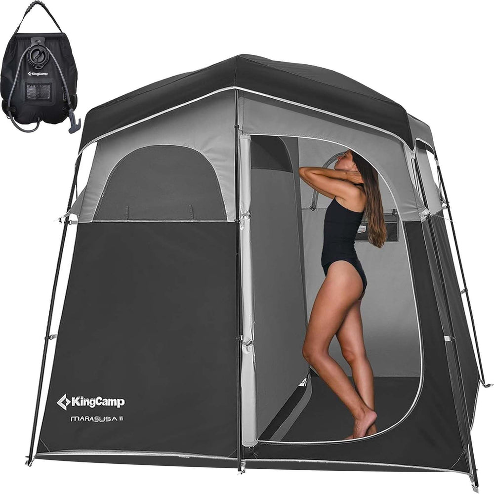 KingCamp Shower Tent portable privacy setup demonstrates quick camping or beach use.