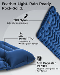 KingCamp sleeping pad built-in foot pump inflates quickly for easy setup.