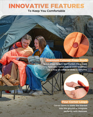 KingCamp ultralight blanket showing snaps and corner loops for hands-free warmth