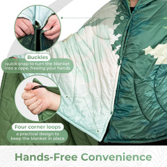 KingCamp ultralight blanket worn outdoors shows wearable cape design.