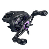 Kingdom Micro Pro baitcasting reel front view showing compact profile for comfortable fishing.