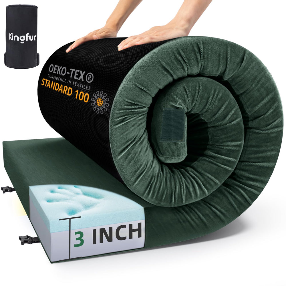 Kingfun 3-inch memory foam camping mattress rolled in travel bag for easy transport.
