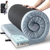 Kingfun memory foam camping pad rolled and tucked in its travel bag for easy transport.