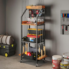 3-tier rod storage unit showing wooden top box and mesh lower shelves