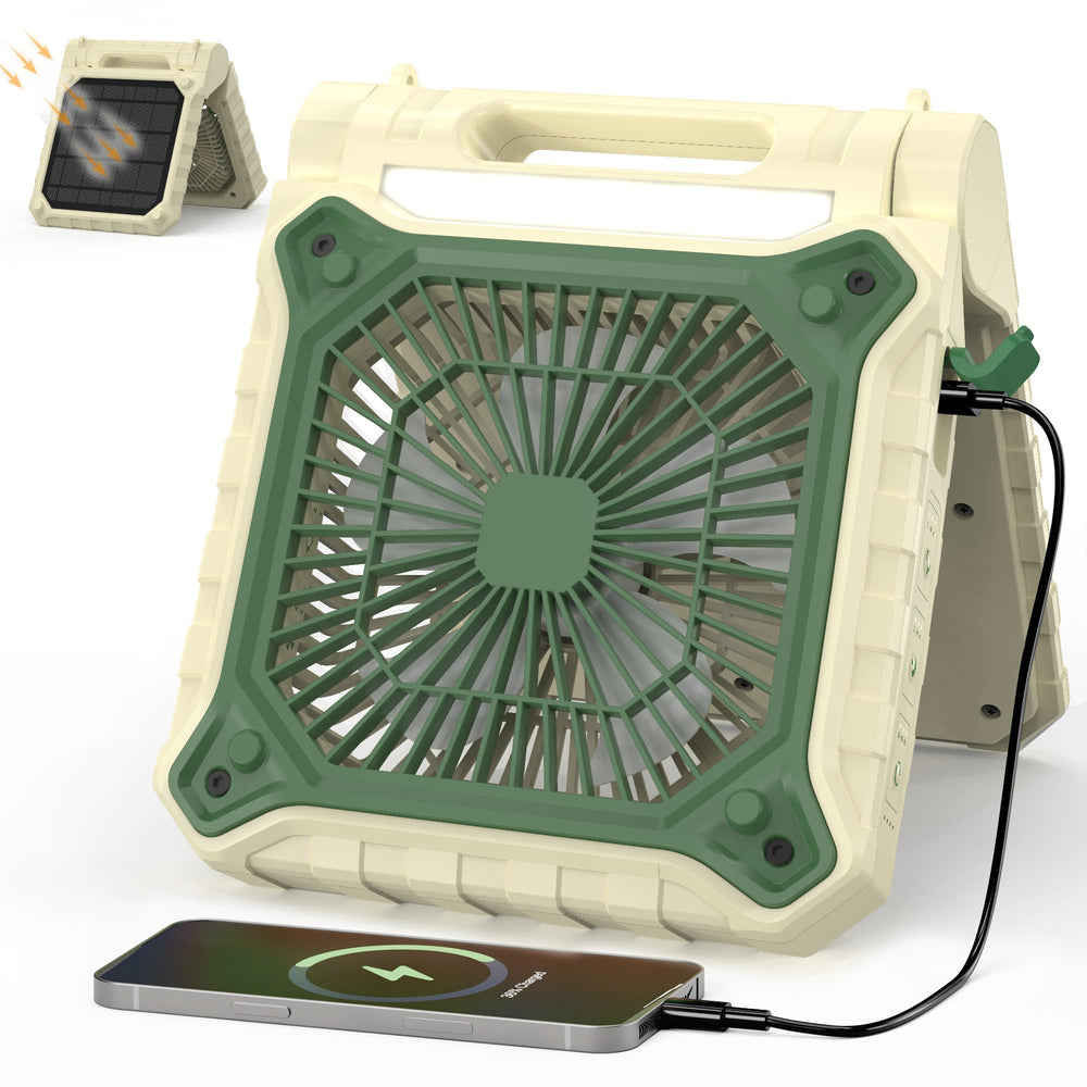 KITWLEMEN 10.2-Inch solar camping fan front view for outdoor cooling on trips