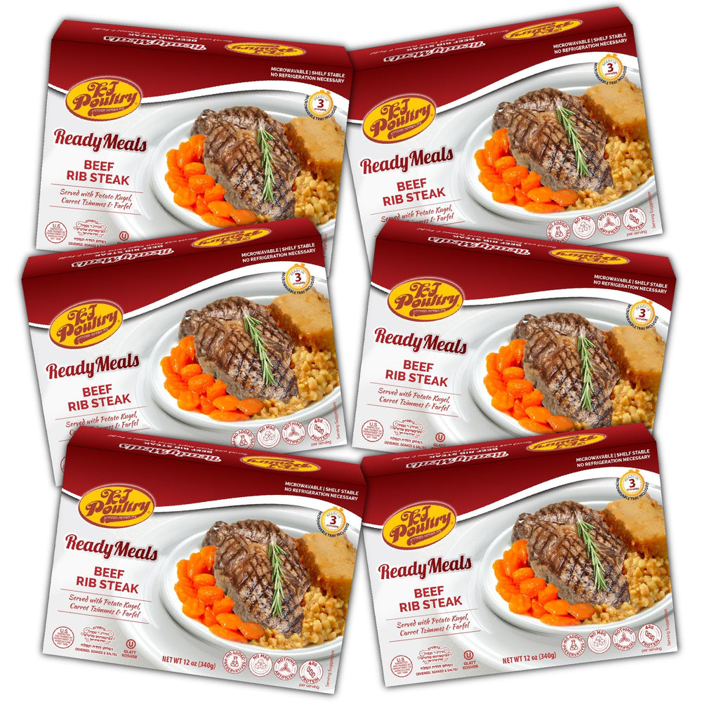 KJ Poultry kosher ready meals beef rib steak kugel box shown as a microwavable tray for kosher dinner