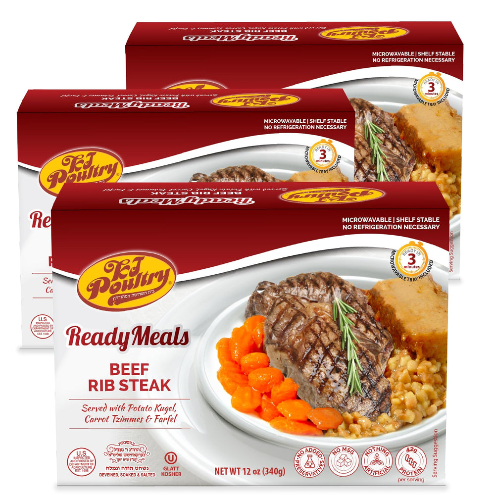 KJ Poultry kosher ready meals rib steak kugel packaging offers convenient, shelf-stable Shabbos meals.