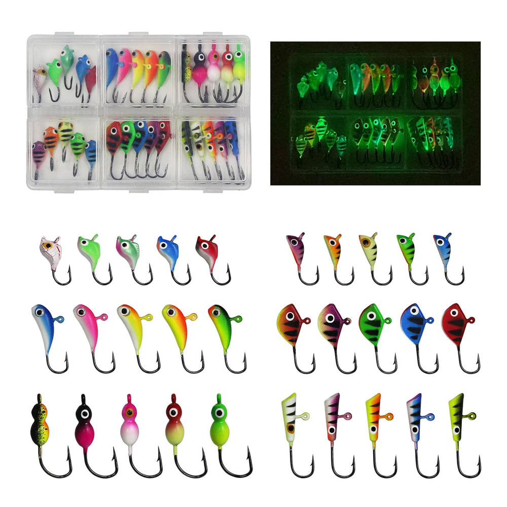 KJEIM 30-piece glow ice fishing jigs kit - 6 shapes and colors
