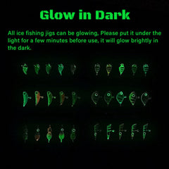 Close-up of luminous jig heads glowing in the dark