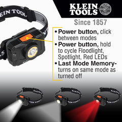 Klein Tools 56414 headlamp red LEDs preserve night vision during tasks.