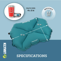 Klymit Pillow X teal on airplane ready for comfortable rest.