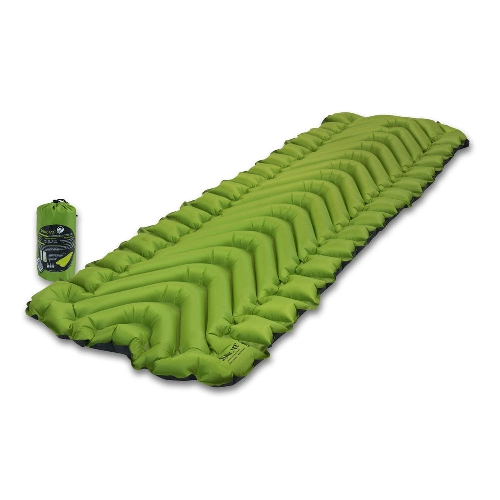 Klymit Static V2 inflatable sleeping pad in green, lightweight and easy to inflate for camping