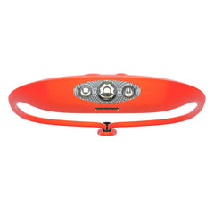 KNOG Bandicoot 250 headlamp on head in coral for hands-free outdoor lighting