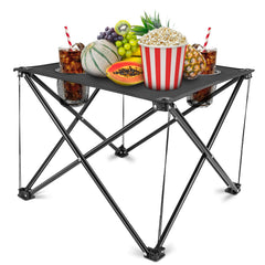 KOCASO foldable camping table with cup holders for outdoor picnics.