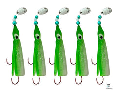 KOKOPROS Luminous Octopus Hoochies 6 cm in green and white, ready to rig for deep-water visibility.