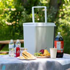 Koolatron 18 qt portable cooler side view with closed lid for grab-and-go