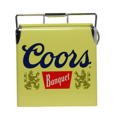 Koolatron Coors Banquet retro ice chest exterior with vintage graphics for stylish outdoor cooling.