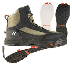 Korkers Greenback interchangeable soles enable on-the-fly grip changes for different terrains.