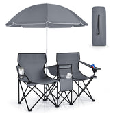 KOTEK double camping chair with sunshade extended for shaded comfort.