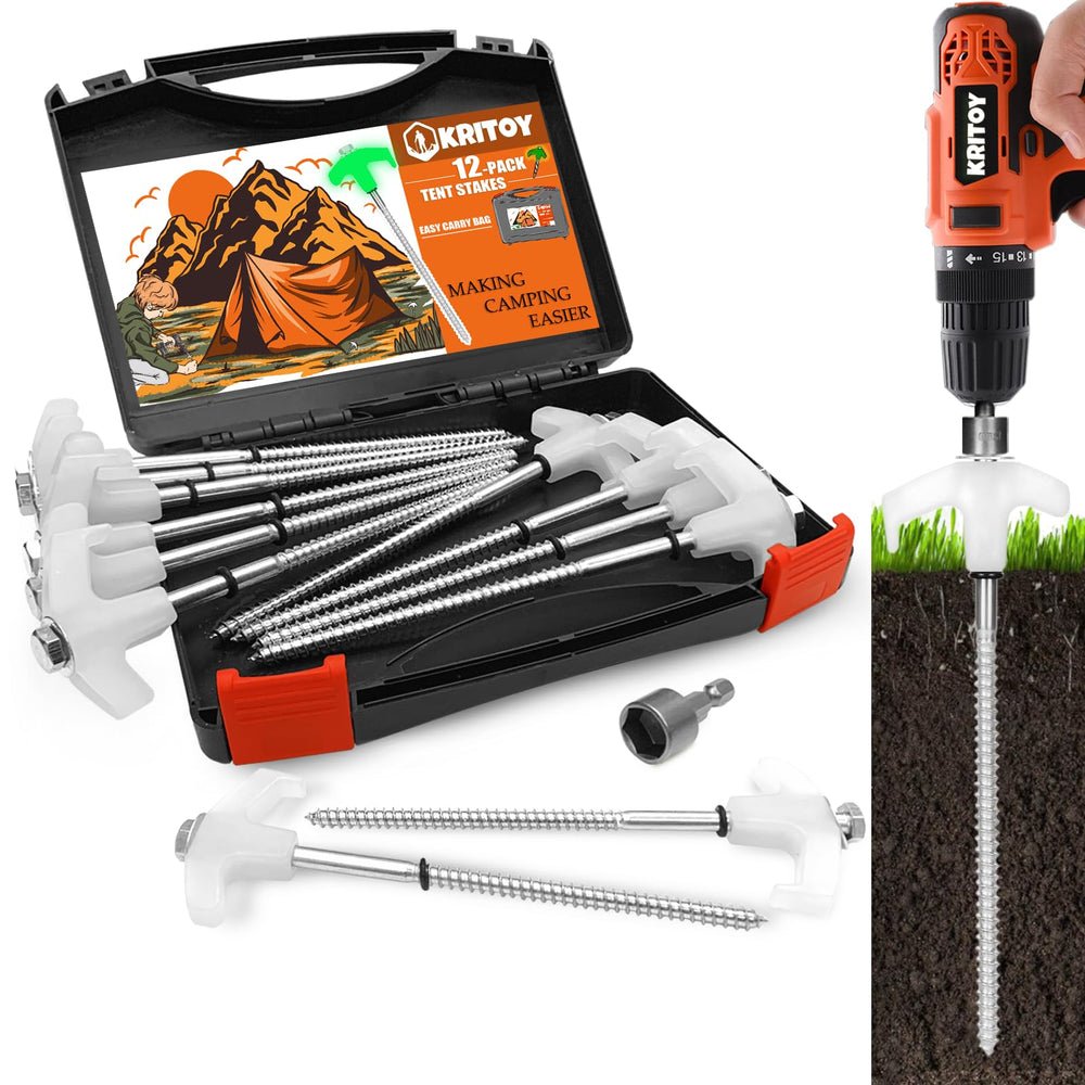 KriToy 12-pack tent stakes 8-inch in use keeping a tent secure on grass and soil.